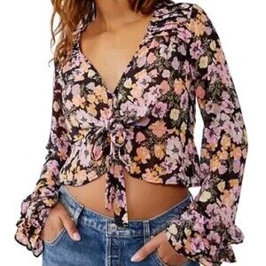 Free People Maybel Blouse Women's Size M Sheer Tie Front Ruffle Dark Floral